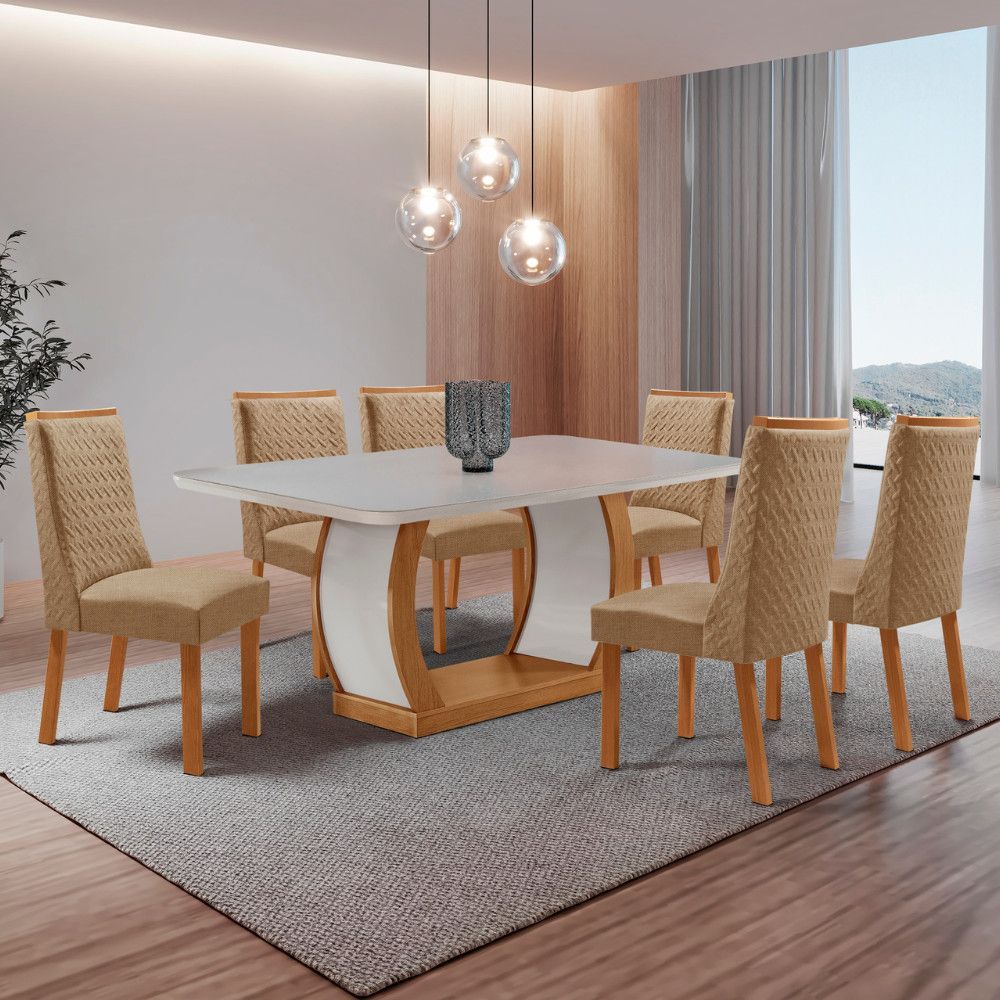 Conjunto de Jantar Milena 6 Lugares Tampo em MDF com Canto Copo e Cadeiras Carolina Estofadas Off White 180CM Moderna