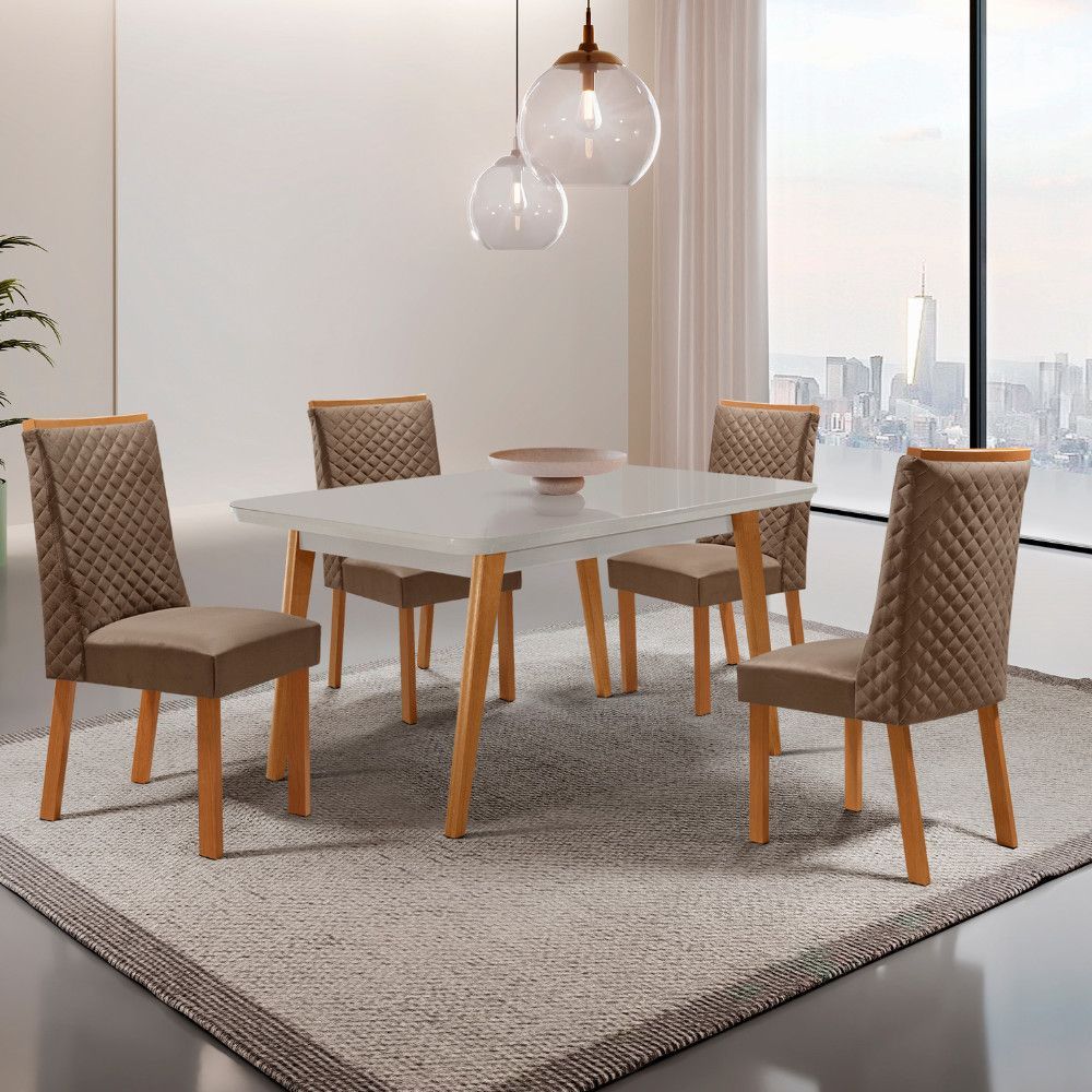 Conjunto de Jantar Copper com 4 Cadeiras Yasmin Tampo em MDF com Vidro Serigrafado Off White 120CM Moderna