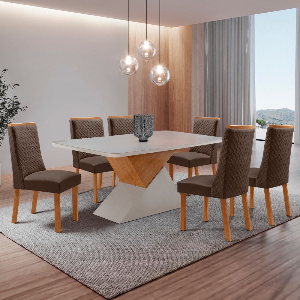 Conjunto de Jantar Aster 6 Lugares Tampo em MDF com Cadeiras Estofadas em Veludo Marrom 180CM Moderna