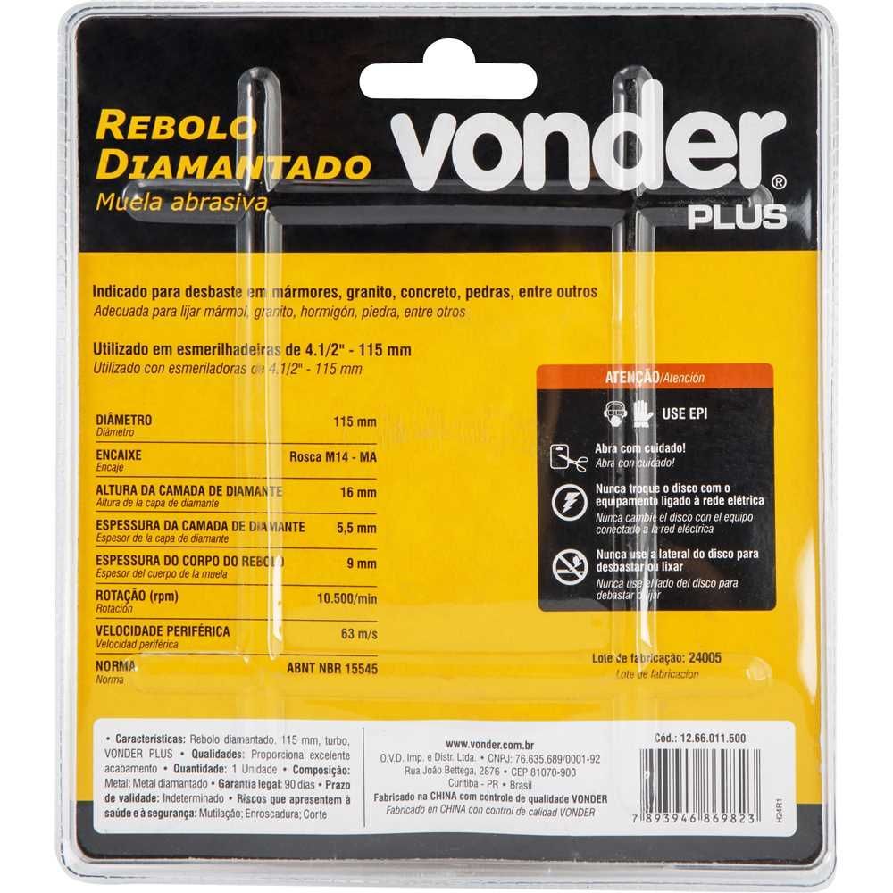 Rebolo Diamantado 115mm Turbo com Desbaste Eficiente e Camada de Diamante de Alta Qualidade Vonder 115MM 10500 RPM