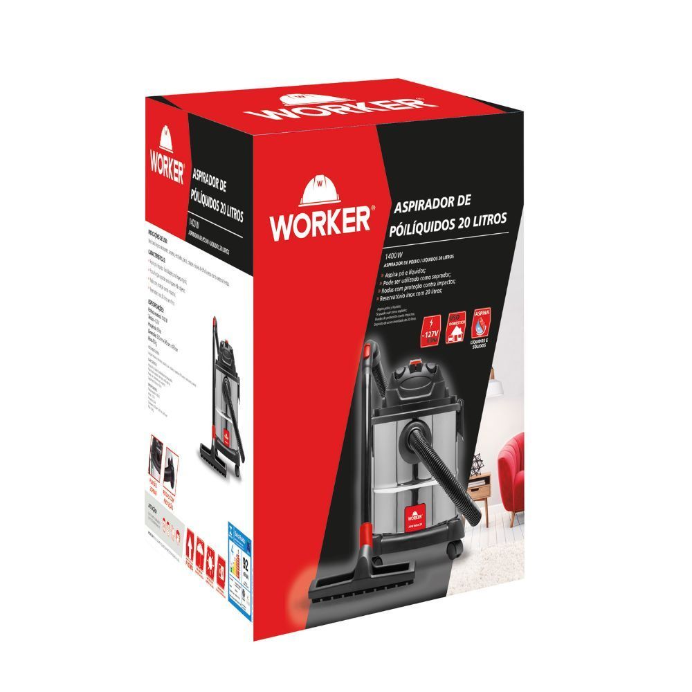 Aspirador de Água e Pó Worker Versátil 1400W 20L Filtro de Água Função Soprador Inox 110V 35CM