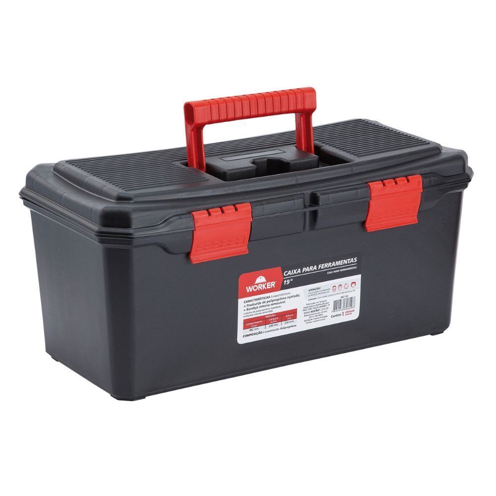 Caixa de Ferramentas 19'' Worker com Bandeja Removível Alta Resistência Preto 23CM Polipropileno Injetado