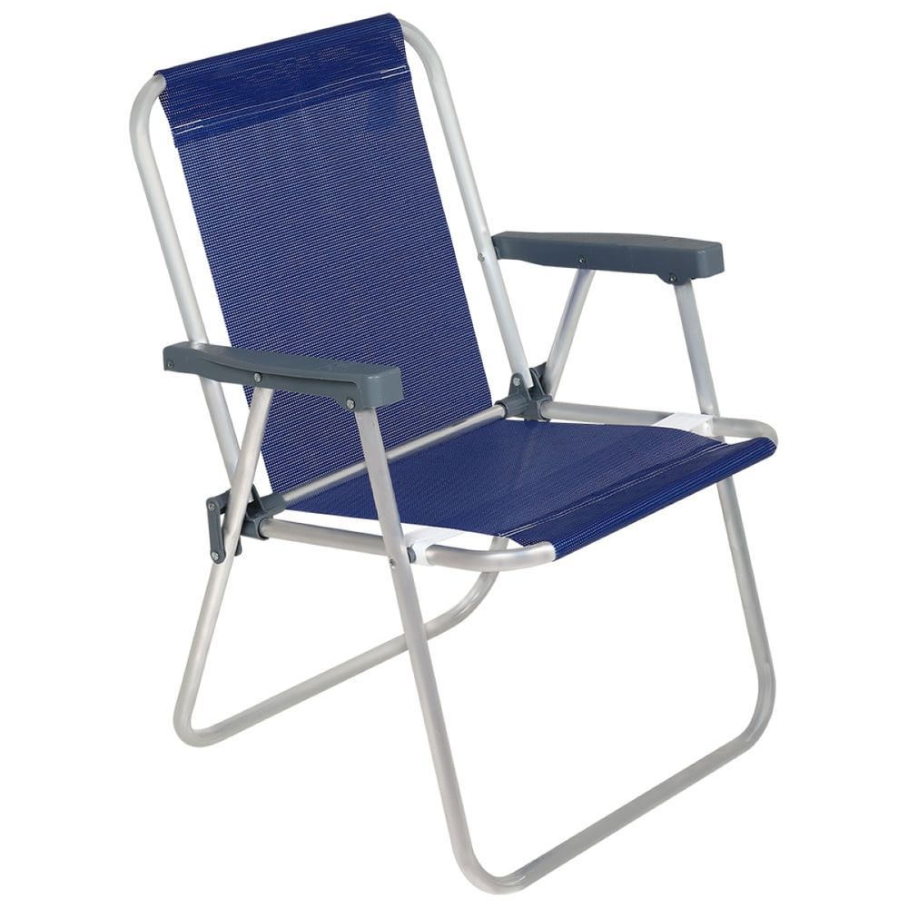 Cadeira de Praia Lazy Alta com Assento em Poliéster Estrutura em Alumínio Dobrável com Apoio de Braço Azul Belfix 54CM