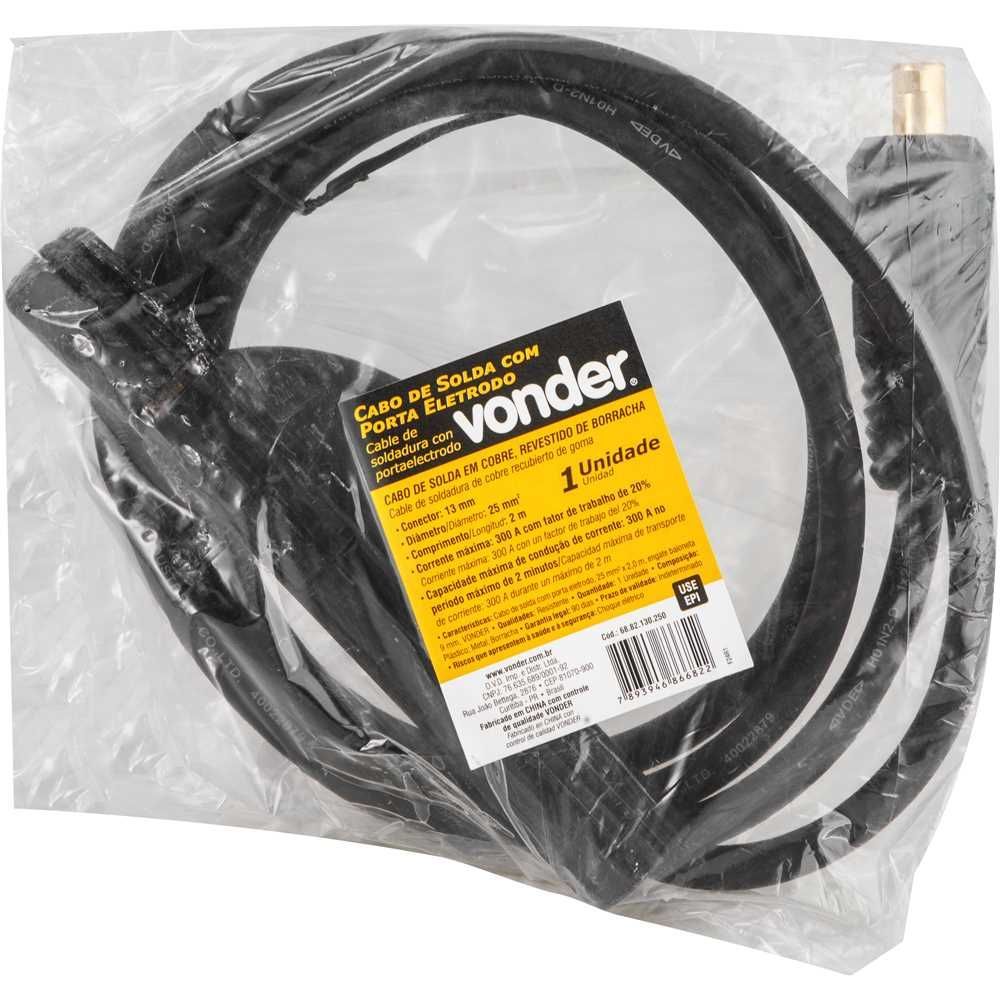 Cabo Porta Eletrodo 25MM 300A 2M Cabo Solda Engate Baioneta 13MM Preto Vonder 25CM 0,685kg