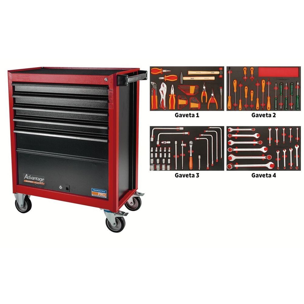 Carro Ferramentas Tramontina Pro 5 Gavetas com Porta Organização e Mobilidade Cinza 116CM 400KG Bivolt