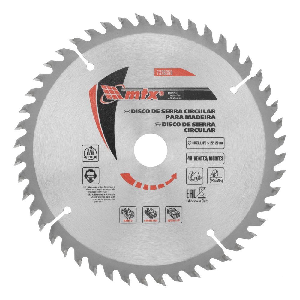 Disco de Serra Circular 7326355 48 Dentes Cortes Precisos Aço 65Mn Inox MTX 185MM com Anel 32-30