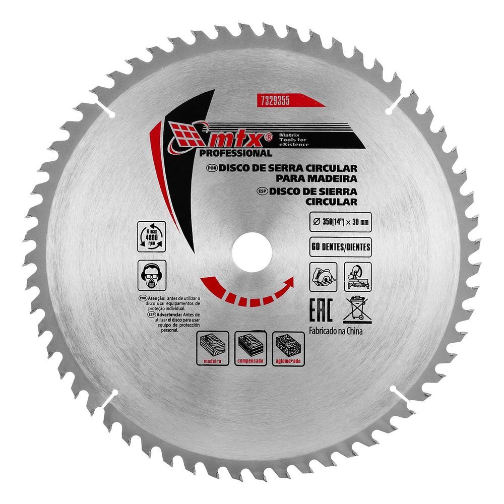Disco de Serra Circular 7329355 60 Dentes Corte Preciso em Madeira Aço 65Mn e Liga YG8 Inox MTX 35CM