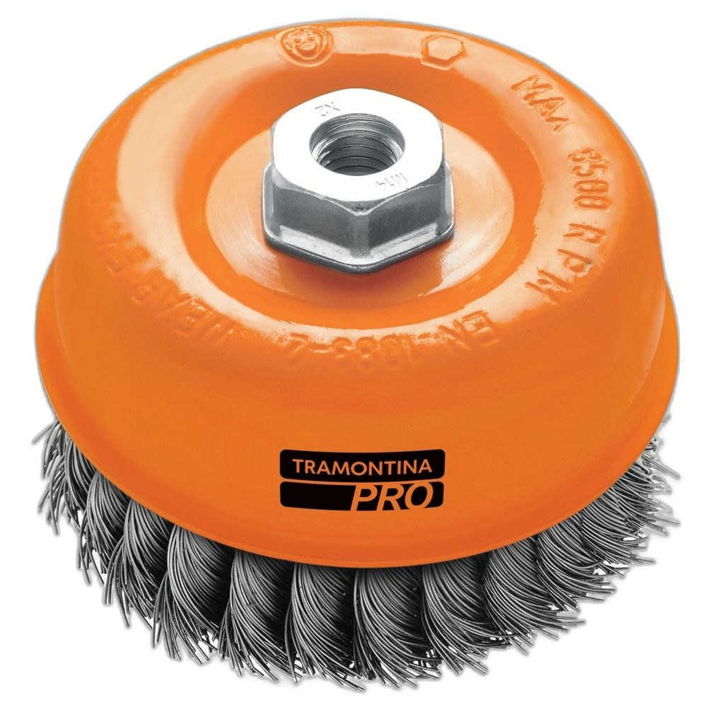 Escova de Aço Copa Arame 3'' 0,5mm M14 EN 1083 para Remoção de Ferrugem e Pintura com Aço Especial Temperado Tramontina