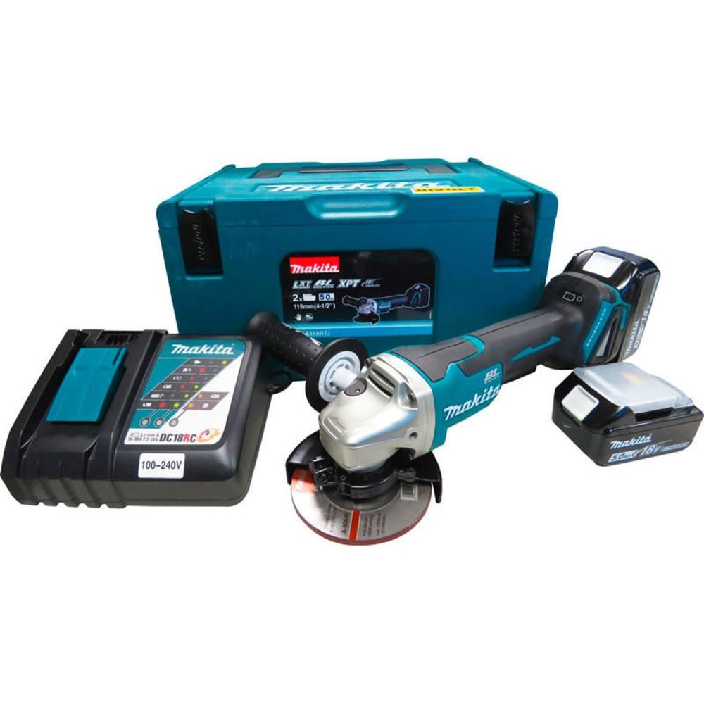 Esmerilhadeira Angular DGA458RTJ com Motor BL e Bivolt Inox Makita 29CM 2 Baterias e Carregador e Disco e Punho e Maleta