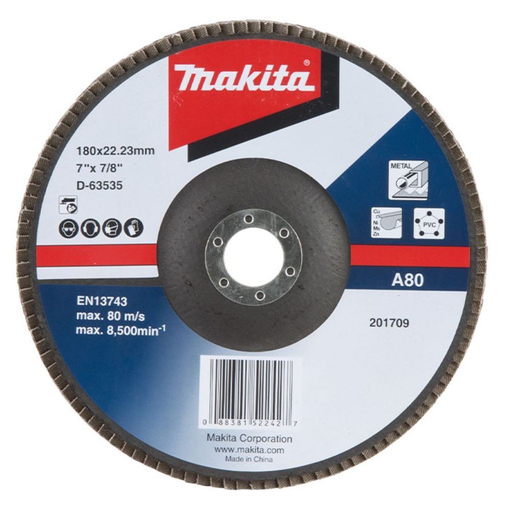Flap Disco 180 X 22.23MM Grão A80 Desempenho Superior em Desbaste e Acabamento Verde Makita 18CM