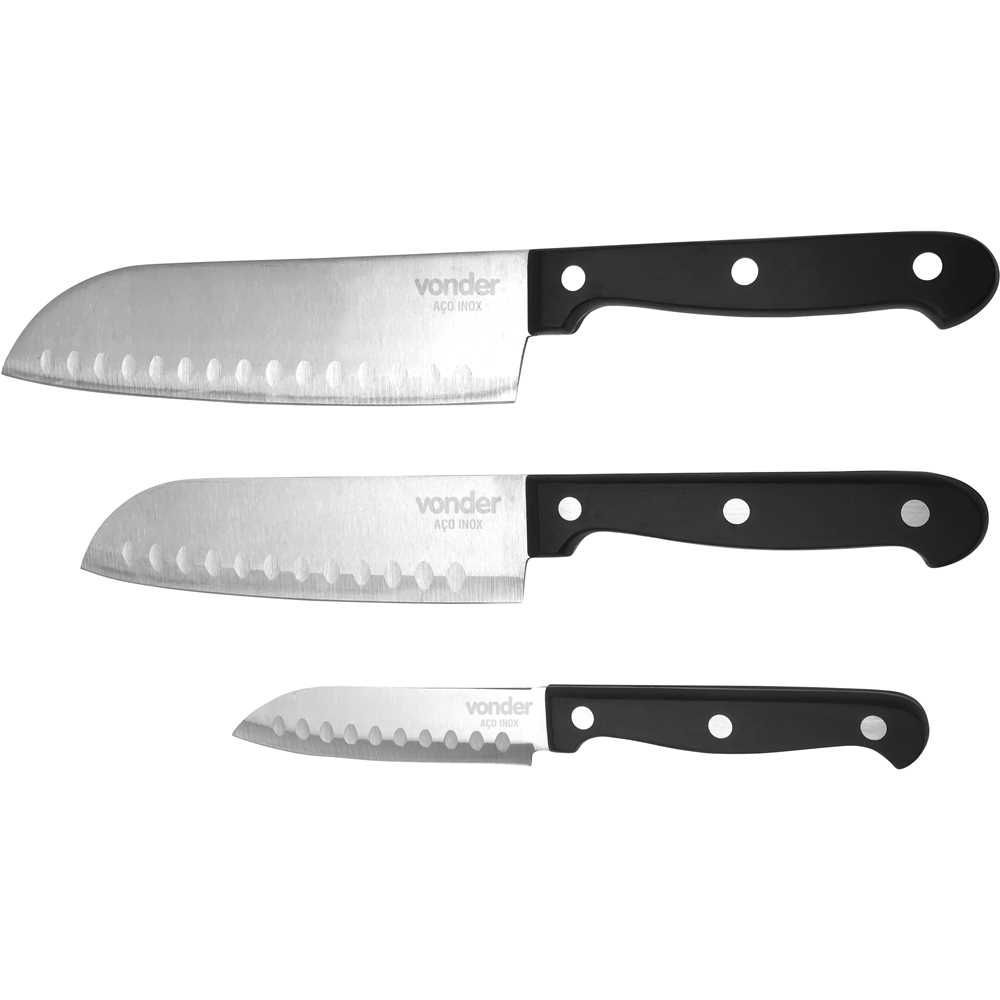 Jogo de Facas Jogo Facas Inox Nove54 3 Peças Fatiar e Picar Aço Inox 420 Cavidades Antiaderentes Cozinha Inox Nove54