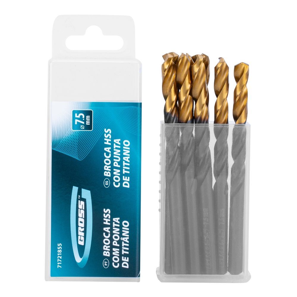 Jogo de Brocas Aço Rápido Titânio 7.5mm 8 Peças Perfuração Precisa e Durável com Ponta Split Point Aço HSS-TiN Gross 8
