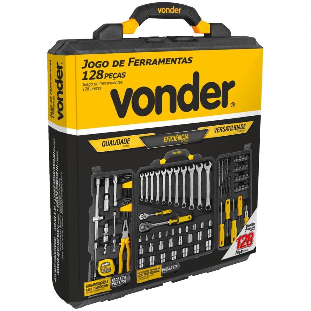 Jogo de Ferramentas 128 Peças Completo com Maleta Resistente Preto Vonder 40CM