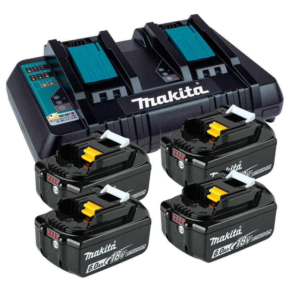 Kit Carregador e Baterias DC18RD com Carregamento Simultâneo 4 BL1860B 18V 6Ah 220V Makita