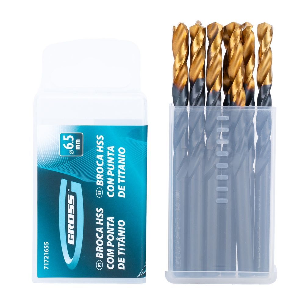 Jogo de Brocas Aço Rápido Titânio 6.5mm 10 Peças com Revestimento de Titânio e Ponta Split Point para Serralheria Gross