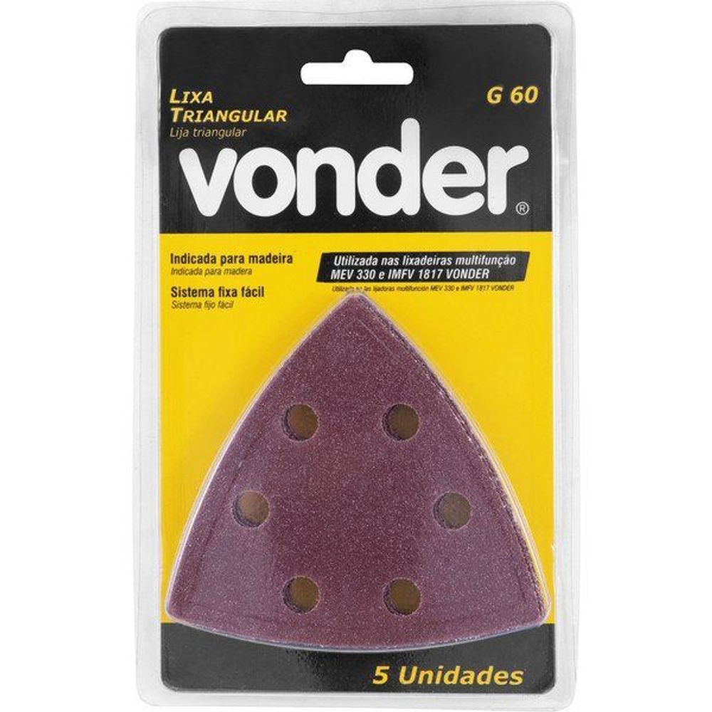 Lixa Triangular 9316330060 com Grão 60 para Acabamento Áspero Fixa Fácil Marrom Vonder 90CM 5 Lixas