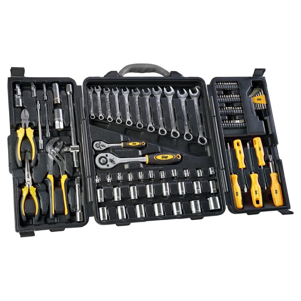 Kit de Ferramentas WF M110 com 110 Peças para Reparos Automotivos e Hidráulicos com Aço Cromo-Vanádio Amarelo Preto