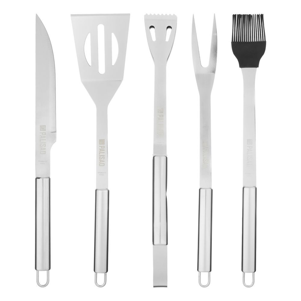 Kit para Churrasco 7914655 5 Peças Aço Inoxidável Alças Ocas para Armazenamento com Furo Pinça Espátula Faca Garfo