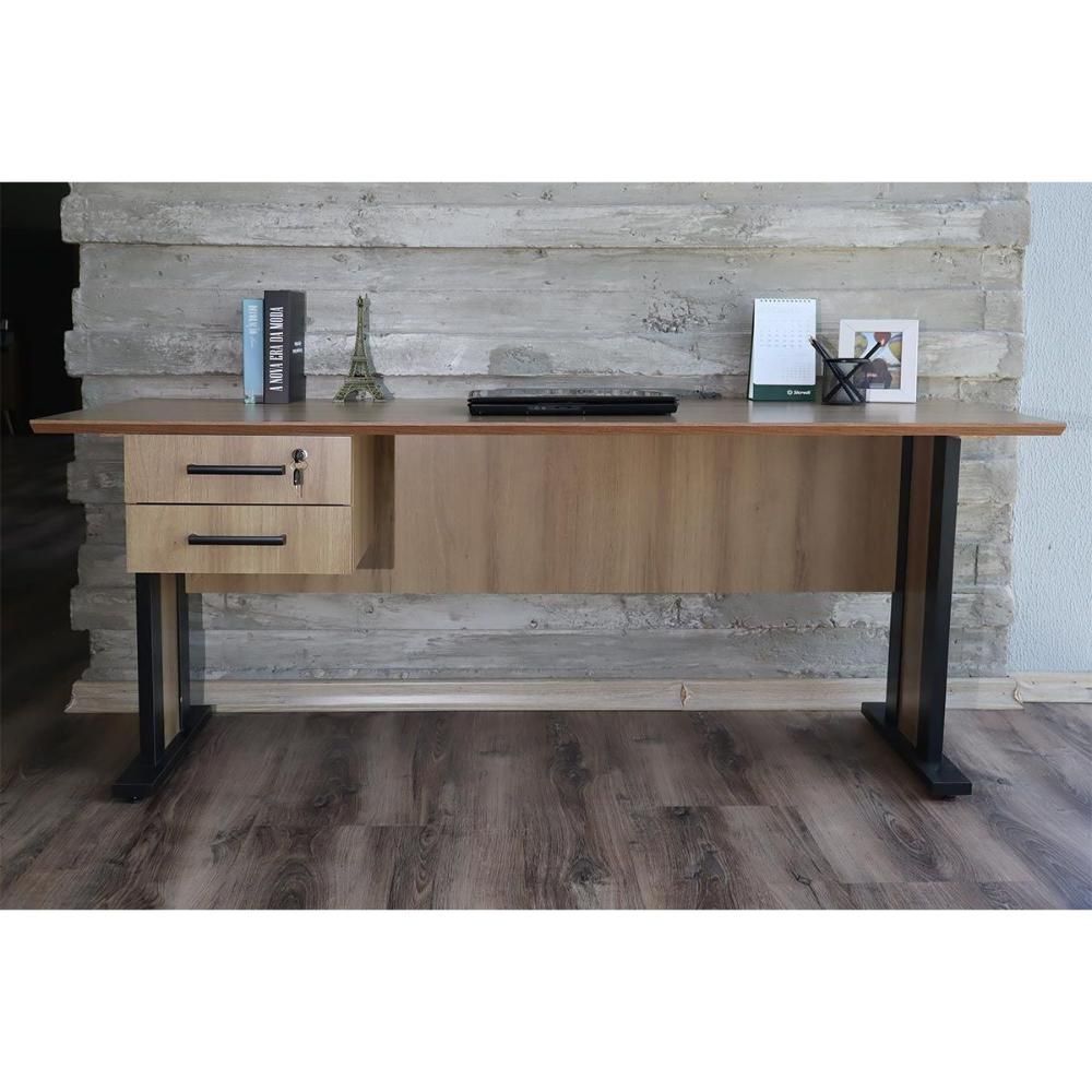 Mesa de Computador Retangular ME-4193 Moderno 2 Gavetas MDF-MDP 160CM Amêndoa e Preto Tecno Mobili