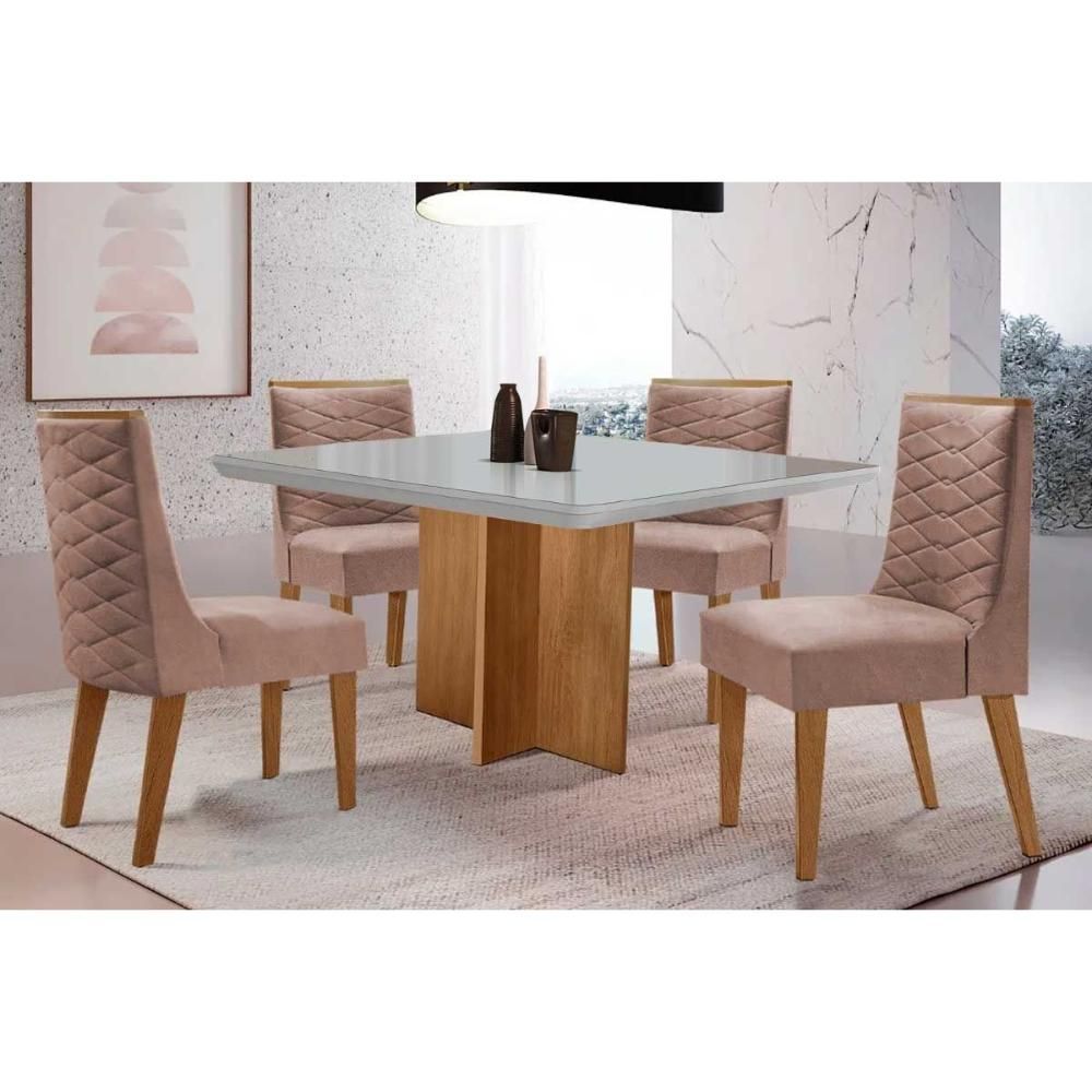 Kit 4 Cadeiras Dafne Naturale Estofadas em MDF com Revestimento em Tecido Linho Capuccino Móveis Rufato