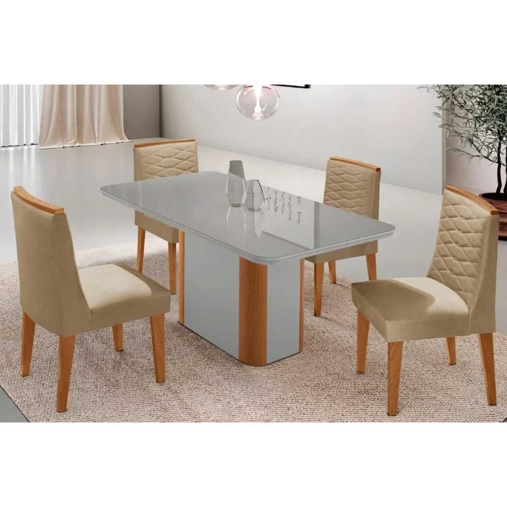 Kit 1 Mesa e 4 Cadeiras Pietá + Maldivas Moderno MDF-MDP Tecido 45cm Off White Linho Bege Móveis Rufato