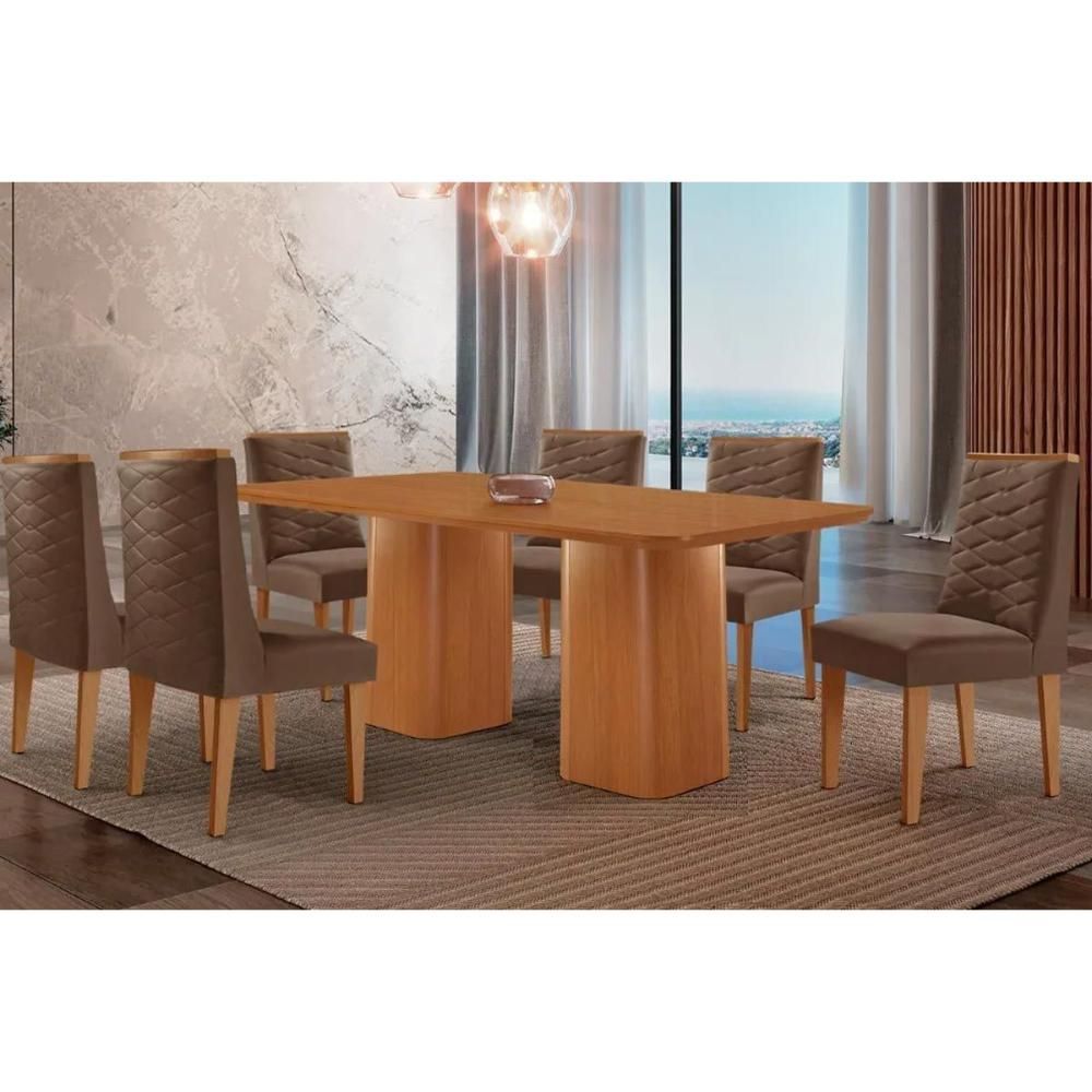 Kit 6 Cadeiras Dafne Mesa Maldivas 180cm Moderno em MDF-MDP Tecido Estofado Capuccino Móveis Rufato
