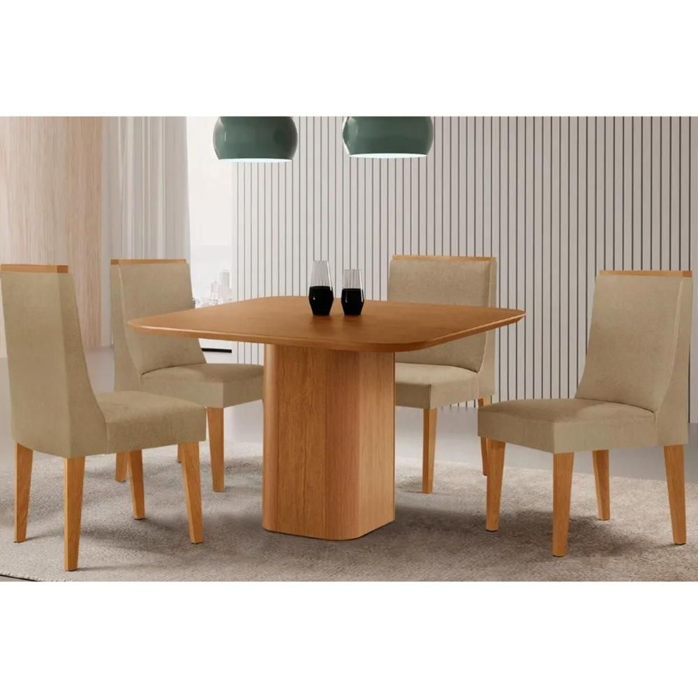 Kit 4 Banquetas Dakota em Madeira Estofado Linho Bege com Mesa Maldivas Tampo MDF Curvo 90CM Moderno Móveis Rufato
