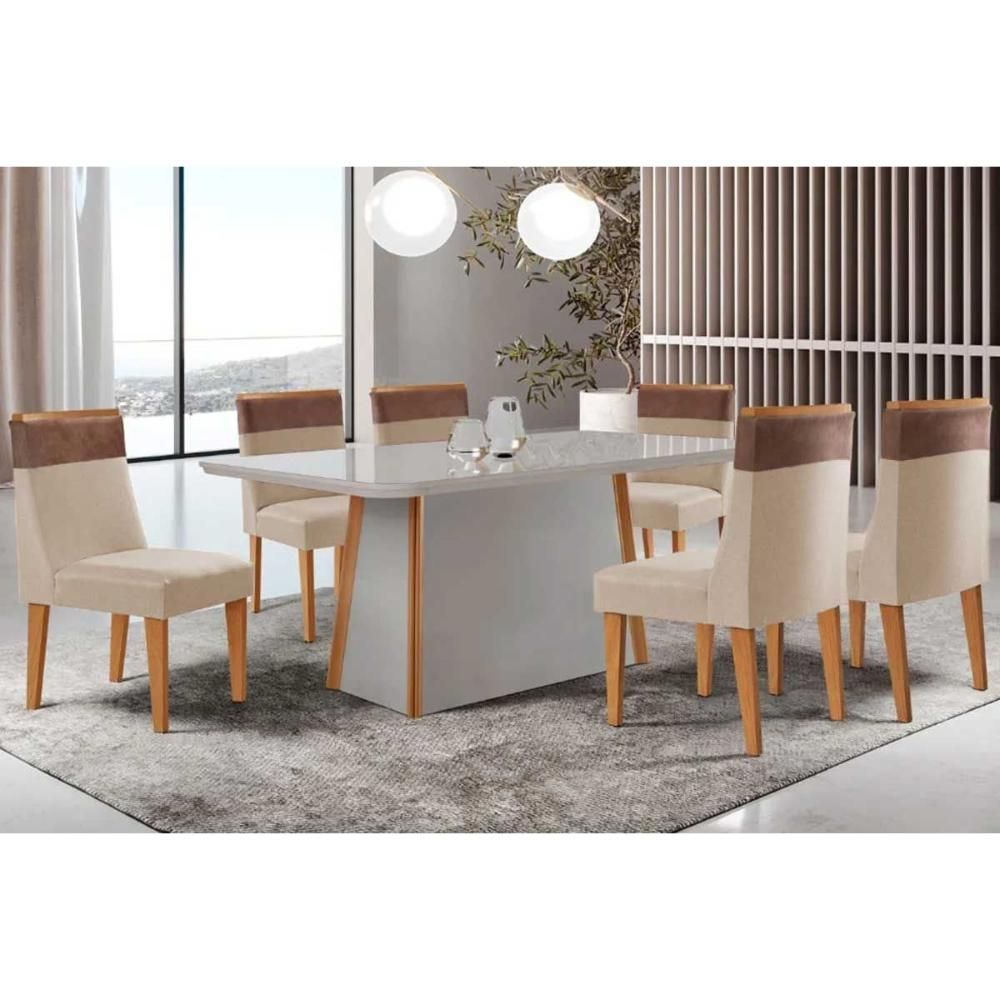 Kit 6 Cadeiras Jaspe para Cozinha Clássico Estrutura MDP Assento Estofado 45cm Off White Suede Creme Móveis Rufato