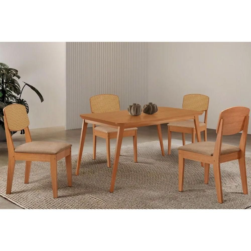 Kit Mesa de Jantar Havana 120cm Curva e 4 Cadeiras Naturale Moderno MDF-MDP Tecido Bege Móveis Rufato