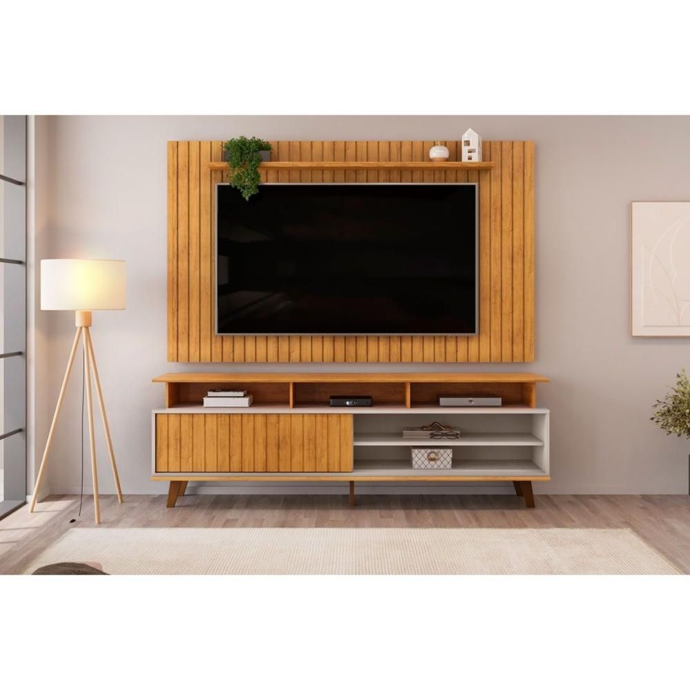 Rack com Painel Lume-Flow Ripado 1 Porta 2 Prateleiras MDF-MDP TAMANHO 180CM Amadeirado DJ Móveis