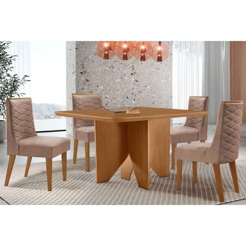 Kit 4 Cadeiras Dafne em Madeira Natural Estofado Tecido Capuccino Mesa Nevada Tampo Curvo 90cm Moderno Móveis Rufato