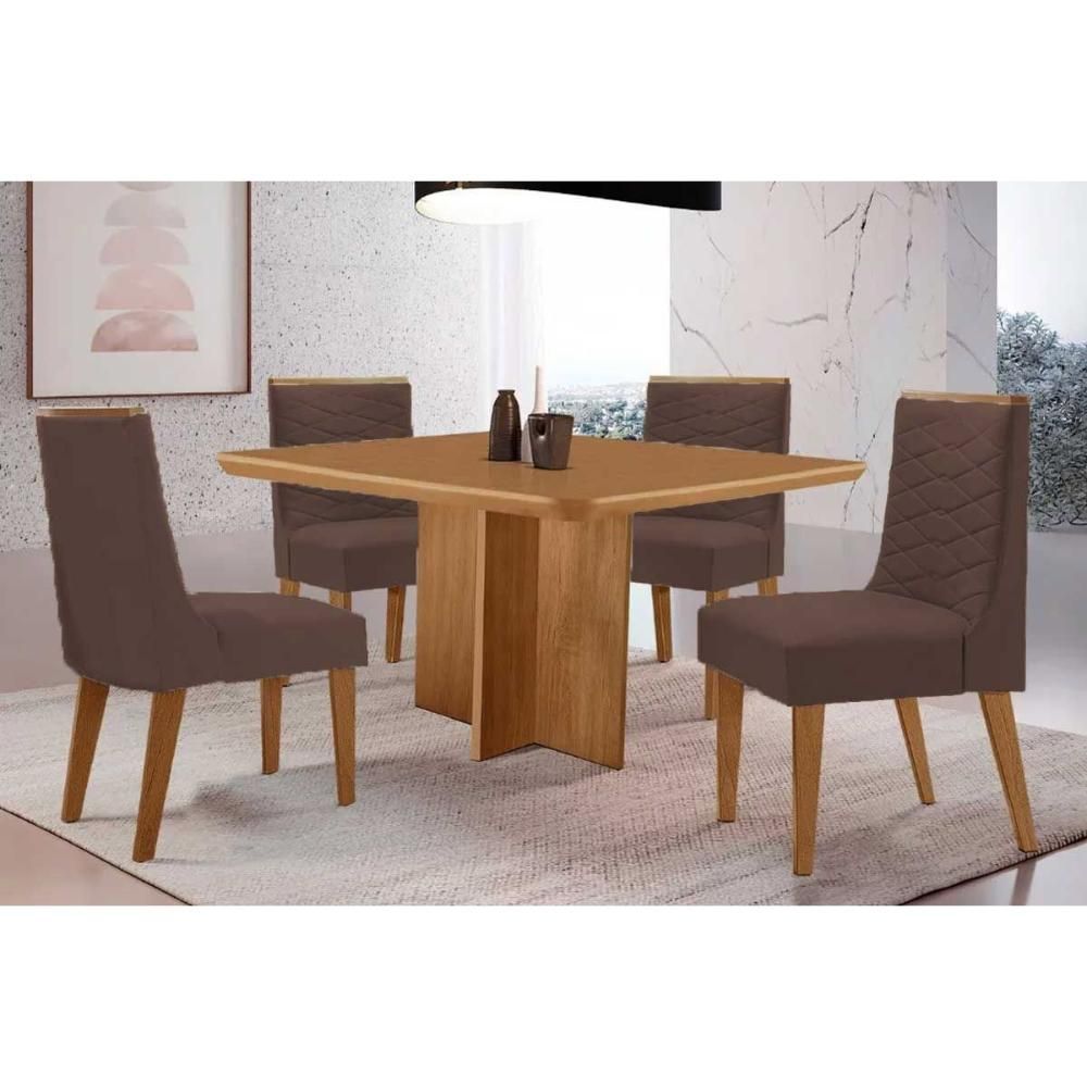 Kit 4 Cadeiras Maldivas Mesa Berlim 90CM Moderno em MDF-MDP Estofado com Tecido Capuccino Marrom Móveis Rufato