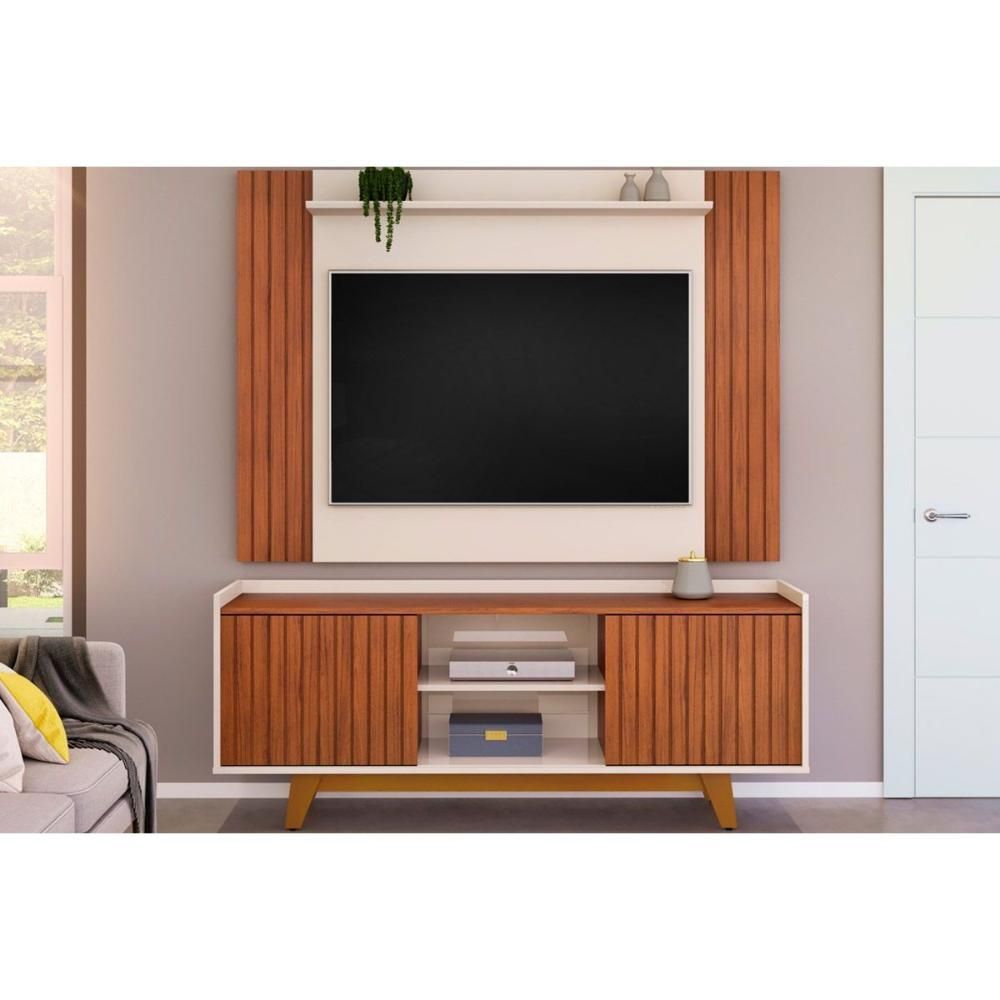 Rack com Painel Trend-flat Ripado 2 Portas 2 Prateleiras MDF-MDP 150CM Off White e Freijó DJ Móveis