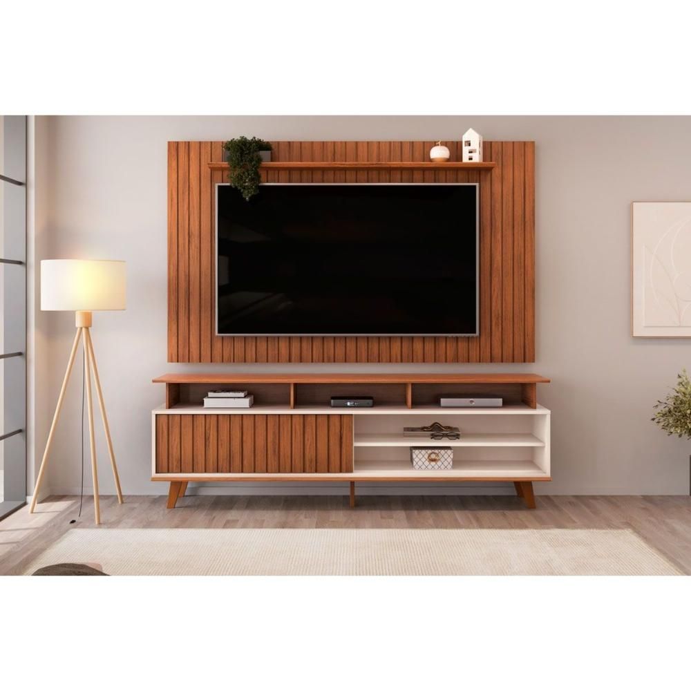 Rack com Painel Lume-Flow Ripado 1 Portas 2 Prateleiras MDF-MDP 180cm Off White Freijó DJ Móveis