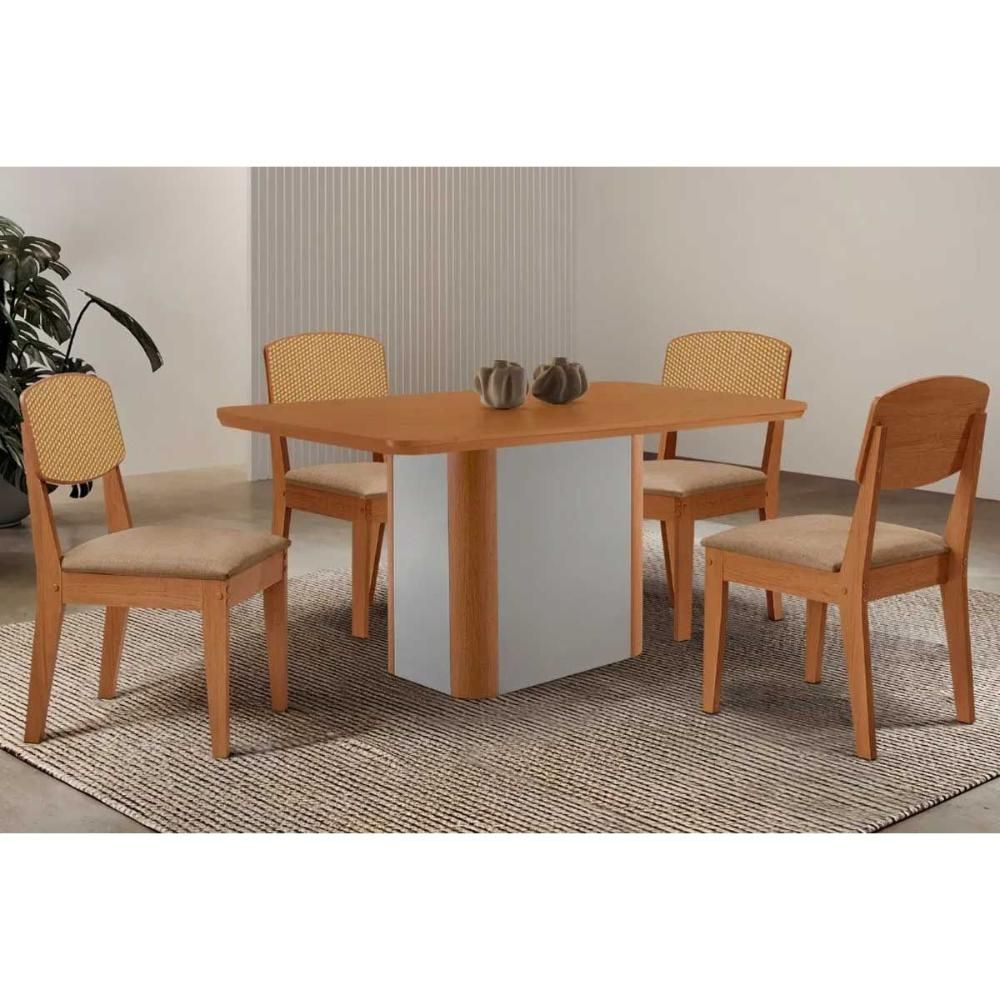 Kit 4 Cadeiras Havana com Mesa Pietá 120cm Moderno Estrutura MDF Revestimento Linho Bege Móveis Rufato