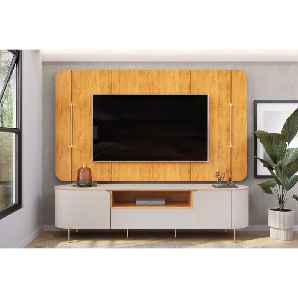 Rack com Painel Areta 2 Portas 1 Gaveta MDF 218cm Amadeirado Kit com LED DJ Móveis