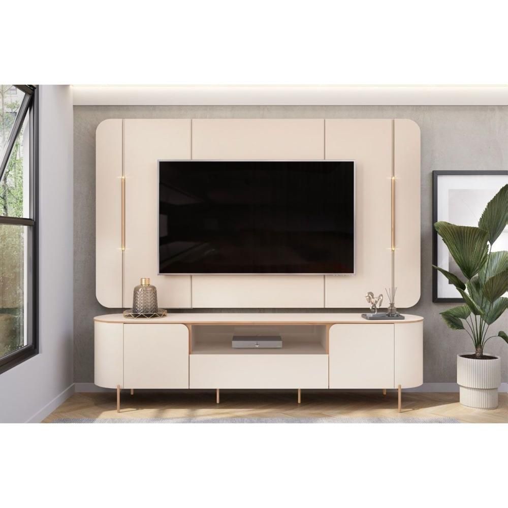 Rack com Painel Areta 2 Portas 1 Gaveta MDF 218CM Off White Kit com Bancada e Painel DJ Móveis