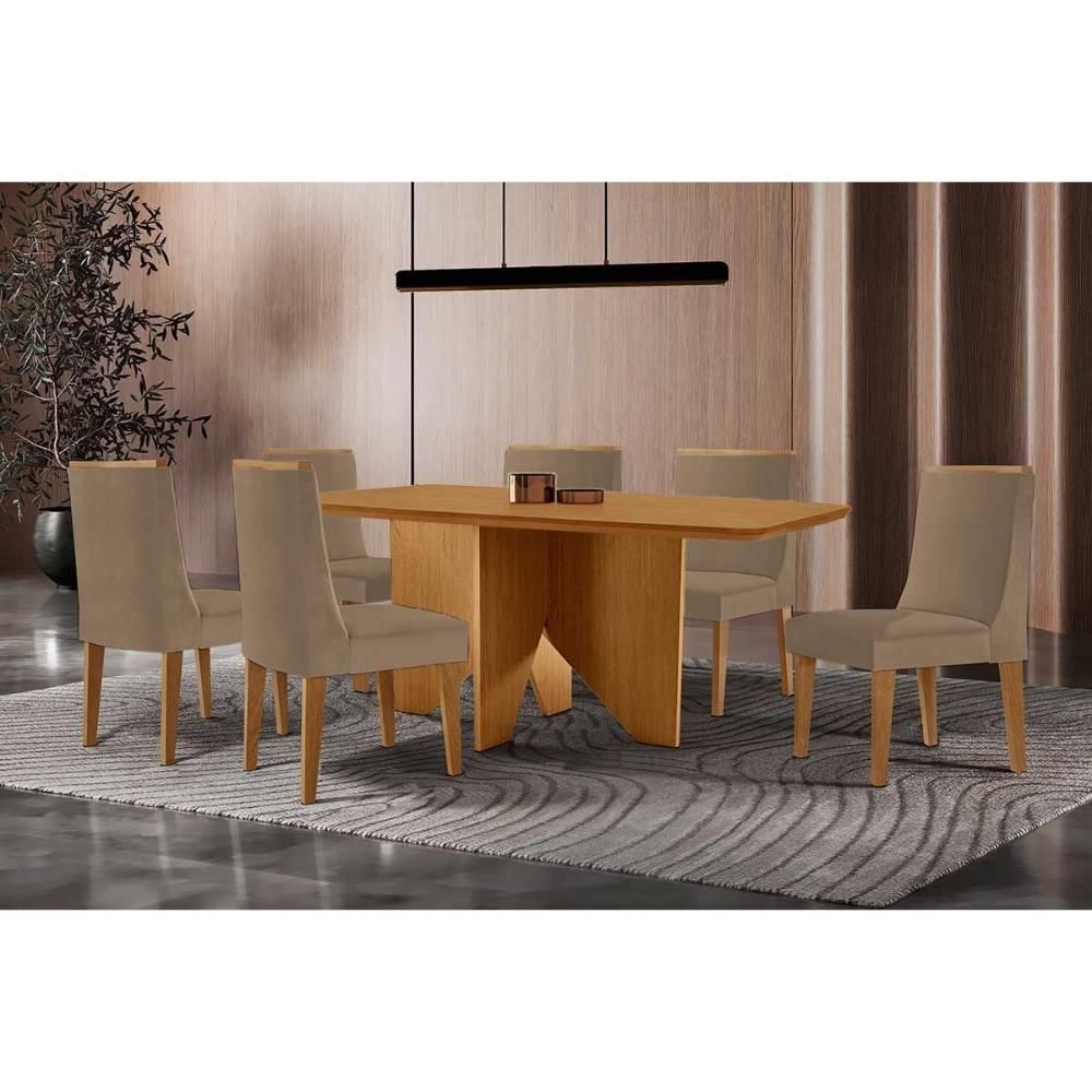Kit 1 Mesa e 6 Cadeiras Nevada Dakota Moderno Estrutura MDF Revestimento Tecido 45cm Capuccino Linho Bege Móveis Rufato