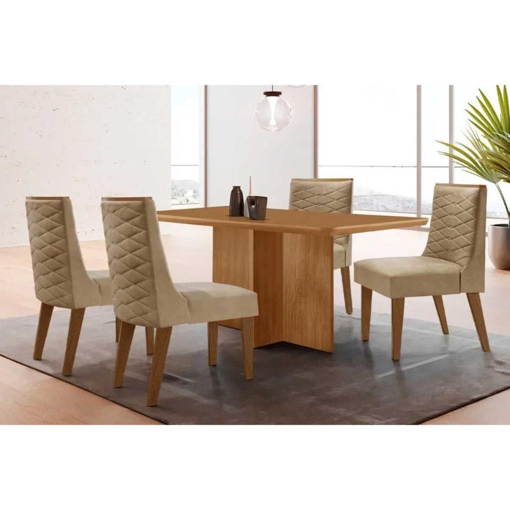 Kit 4 Cadeiras Dafne e Mesa Berlim Tampo Curvo 120cm Moderno em MDF-MDP com Assento Estofado Tecido Bege Móveis Rufato