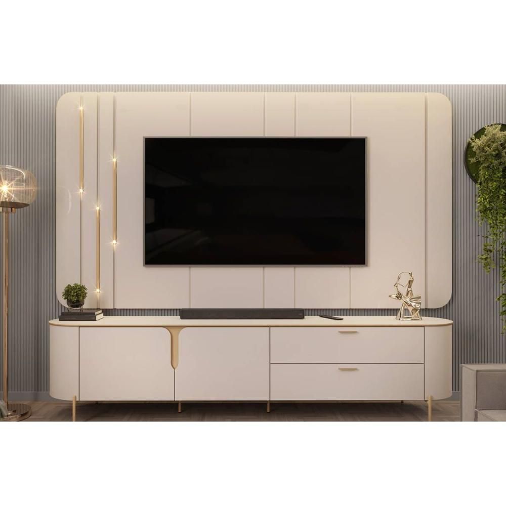 Rack Bancada com Painel para TV Celine 2 Portas 2 Gavetas MDF 241cm Off White com LED DJ Móveis