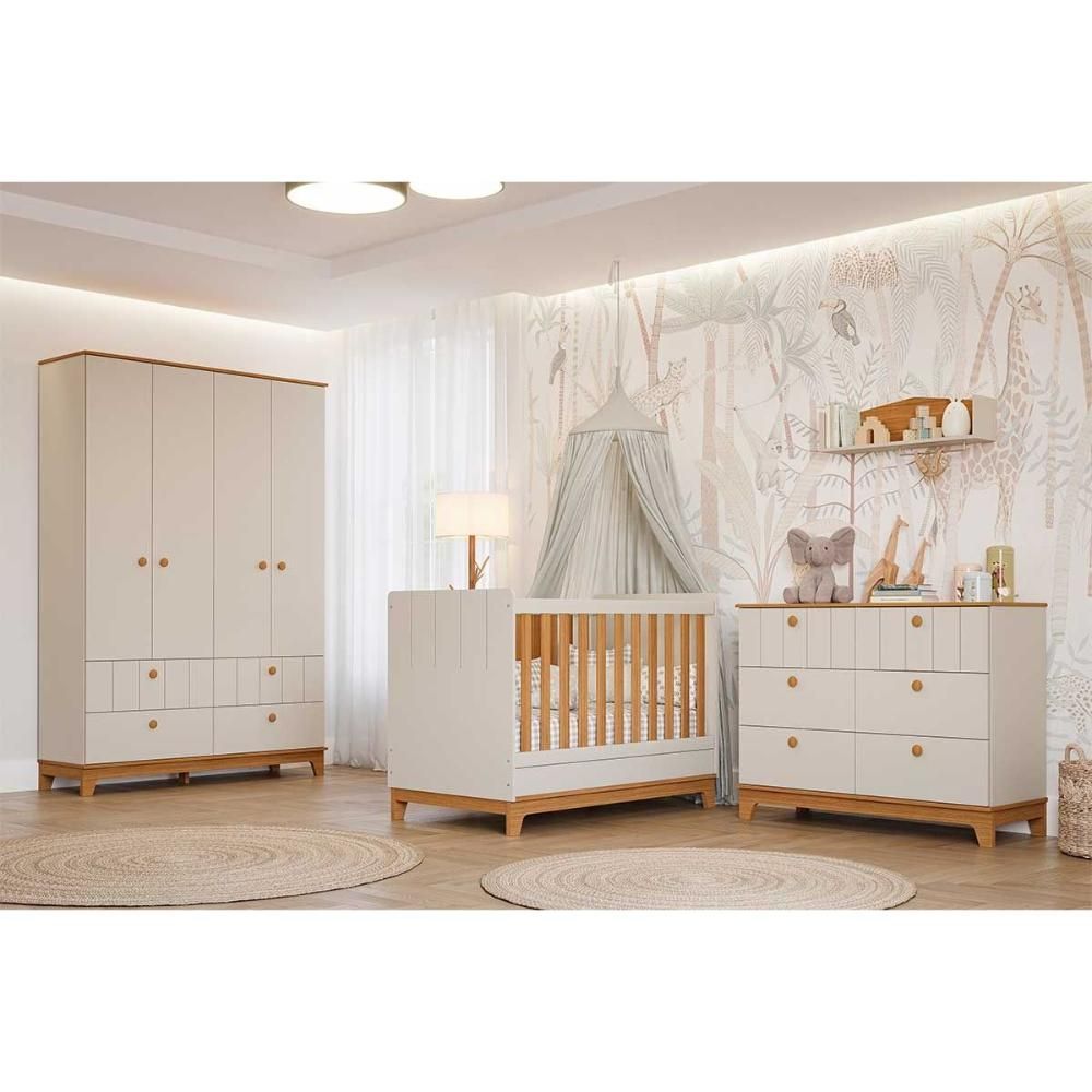 Quarto Completo Infantil Biscoito com 4 Portas e 6 Gavetas em MDP 148CM Off White e Nature Permóbili