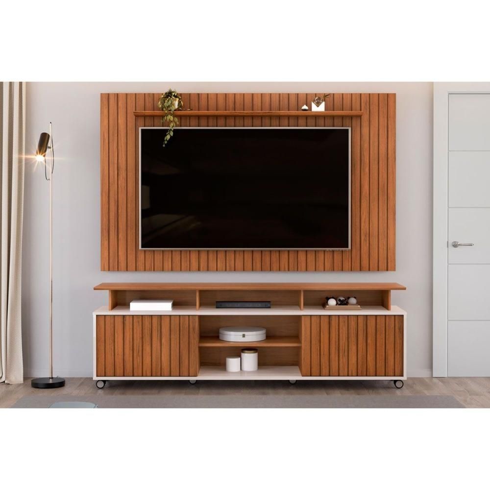 Rack com Painel Lume-Olimpic Ripado para TV 65" 180CM MDF-MDP com Nichos e Rodízios Freijó-Off White DJ Móveis