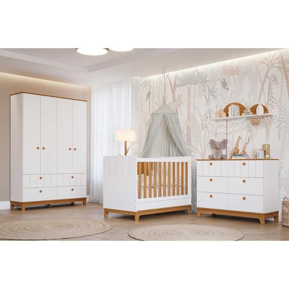 Quarto Completo Infantil Biscoito com 4 Portas e 6 Gavetas em MDP 148CM Branco-Nature Permóbili