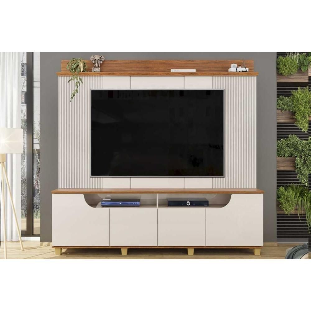 Rack com Painel Gama para TV 75" 199CM MDF-MDP com 4 Portas Off White e Freijó DJ Móveis