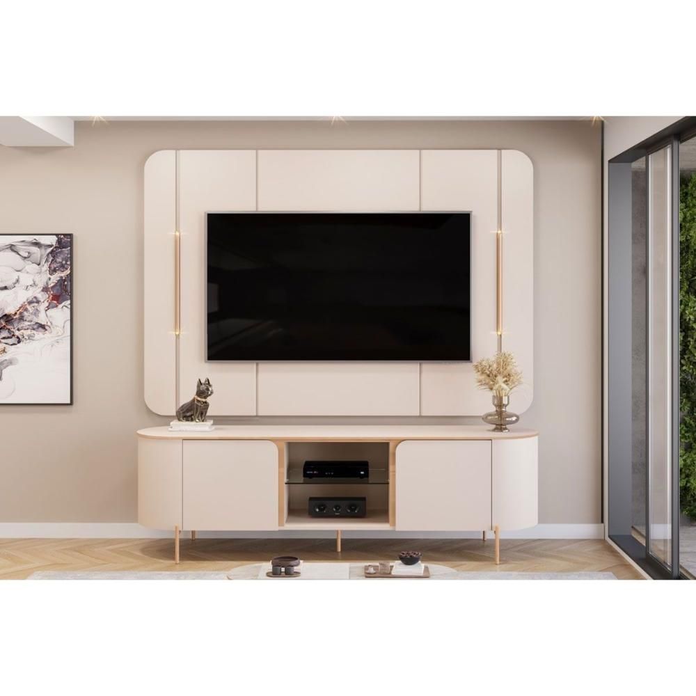 Rack com Painel para TV 65" 180CM MDF com LED e Nichos Off White DJ Móveis