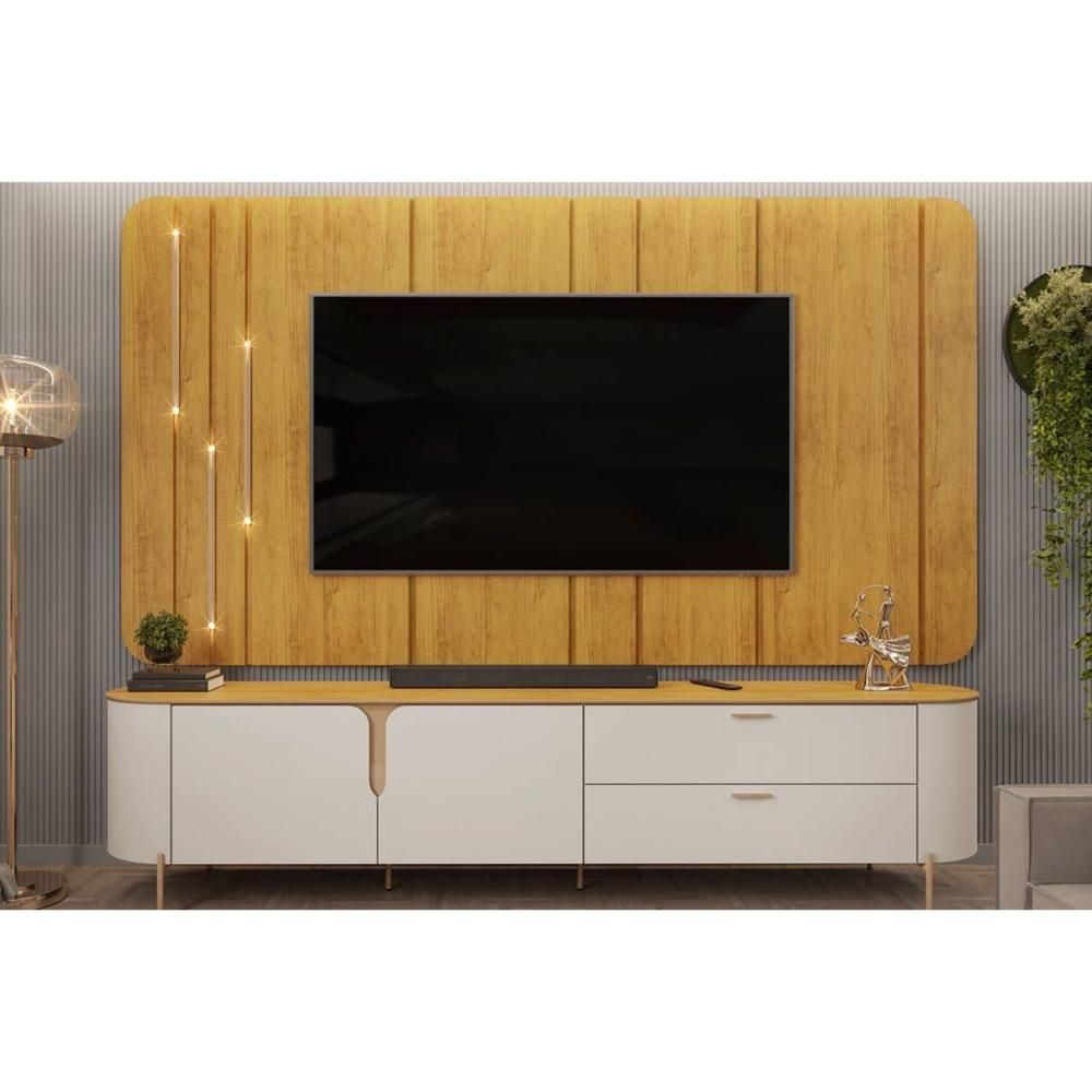 Rack Bancada com Painel para TV Celine Até 75" 241CM MDF com LED Amadeirado Bali-Cedro DJ Móveis