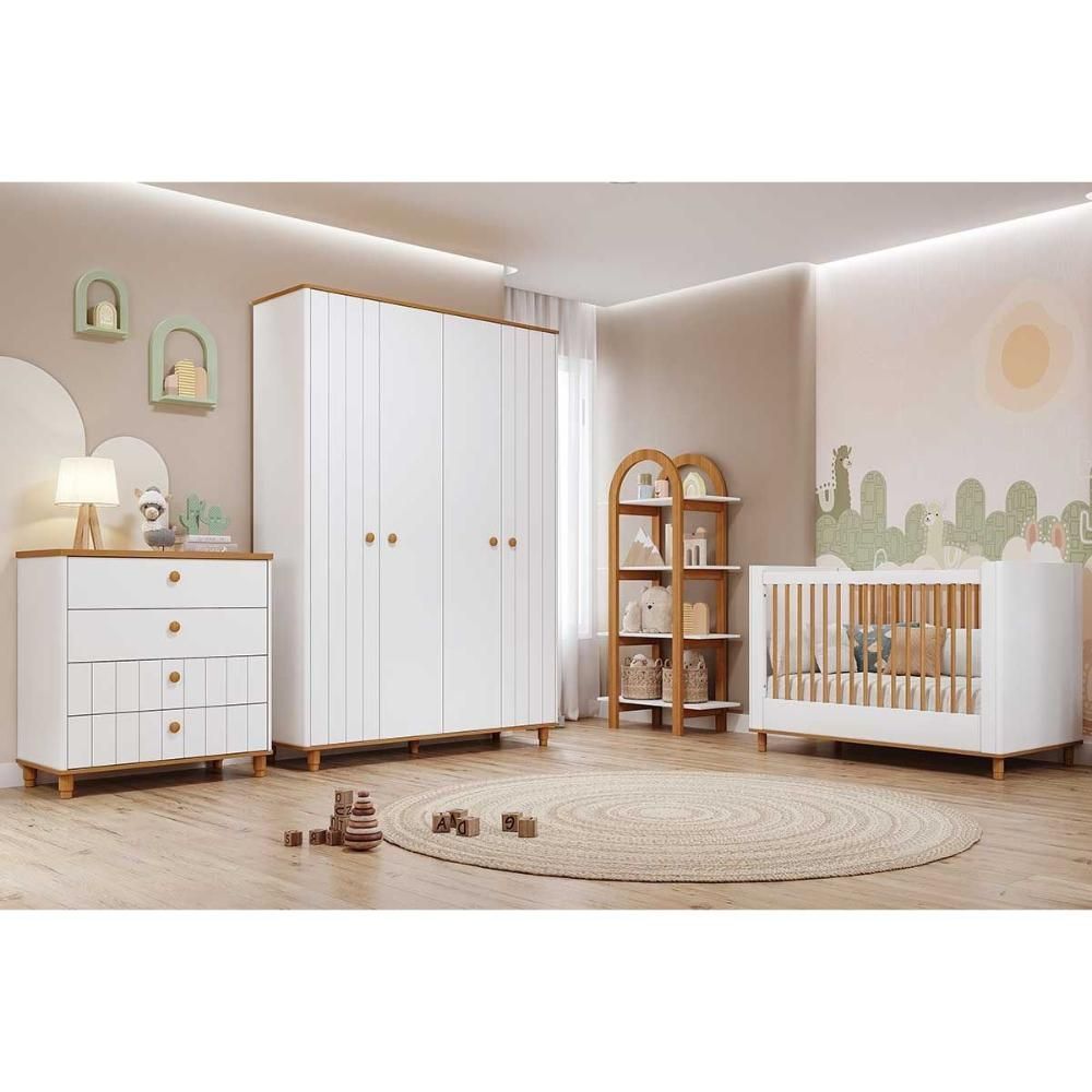 Quarto Completo Infantil Cupcake com 4 Portas e 4 Gavetas em Madeira 152CM Branco-nature Permóbili