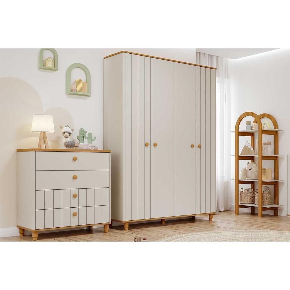 Quarto de Bebê Completo Cupcake com 4 Portas e 4 Gavetas em MDF 92,2CM Off White e Nature Permóbili