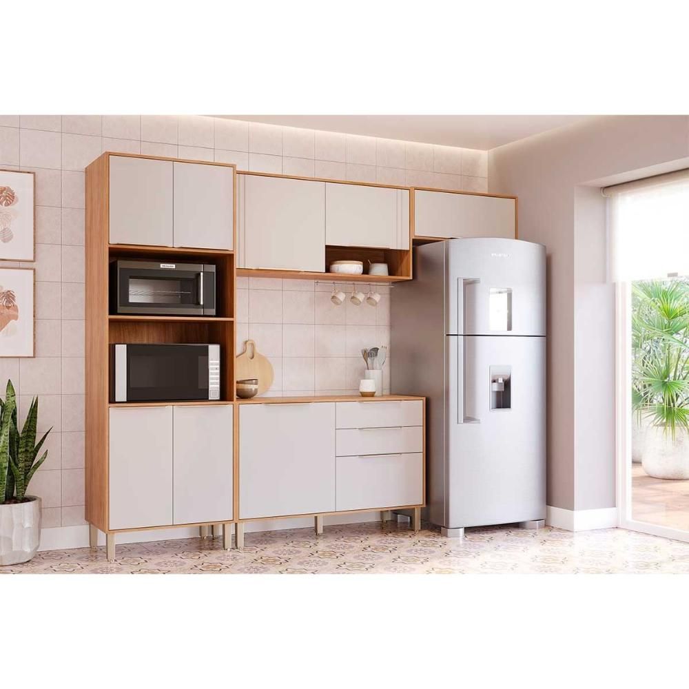 Kit Cozinha Completa MGM Áurea 4 Peças 7 Portas 2 Gavetas MDF 70CM Cinamomo e Off White