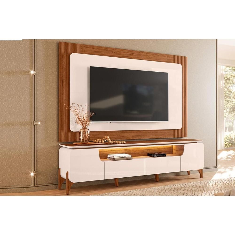 Rack Painel para TV 75" 224CM MDF com LED e Passa Cabos Off White e Freijó DJ Móveis
